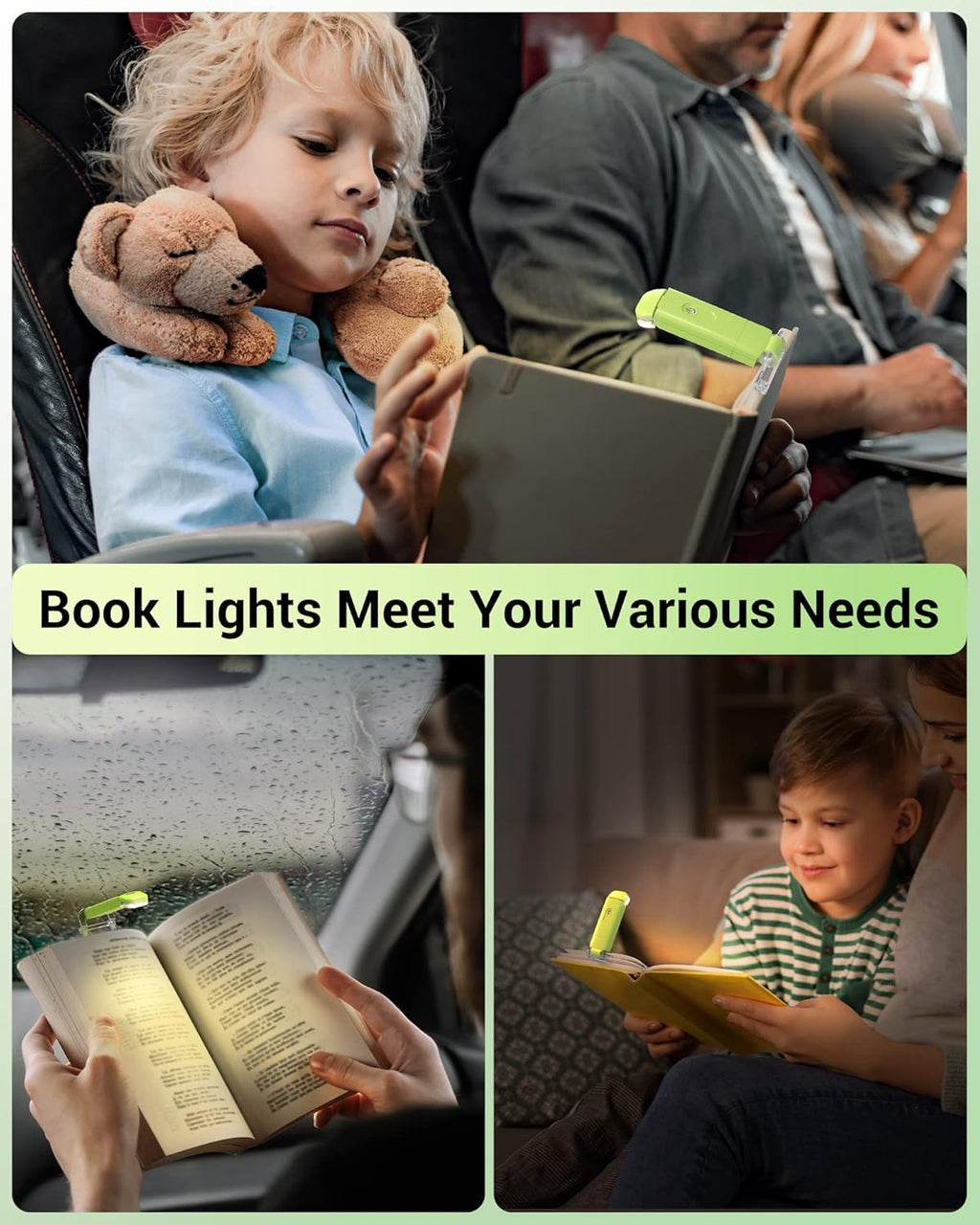 Amber Book Light for Reading, USB Rechargeable, 3 Brightness Levels, Blue Light Blocking, Kids & Adults (Green)