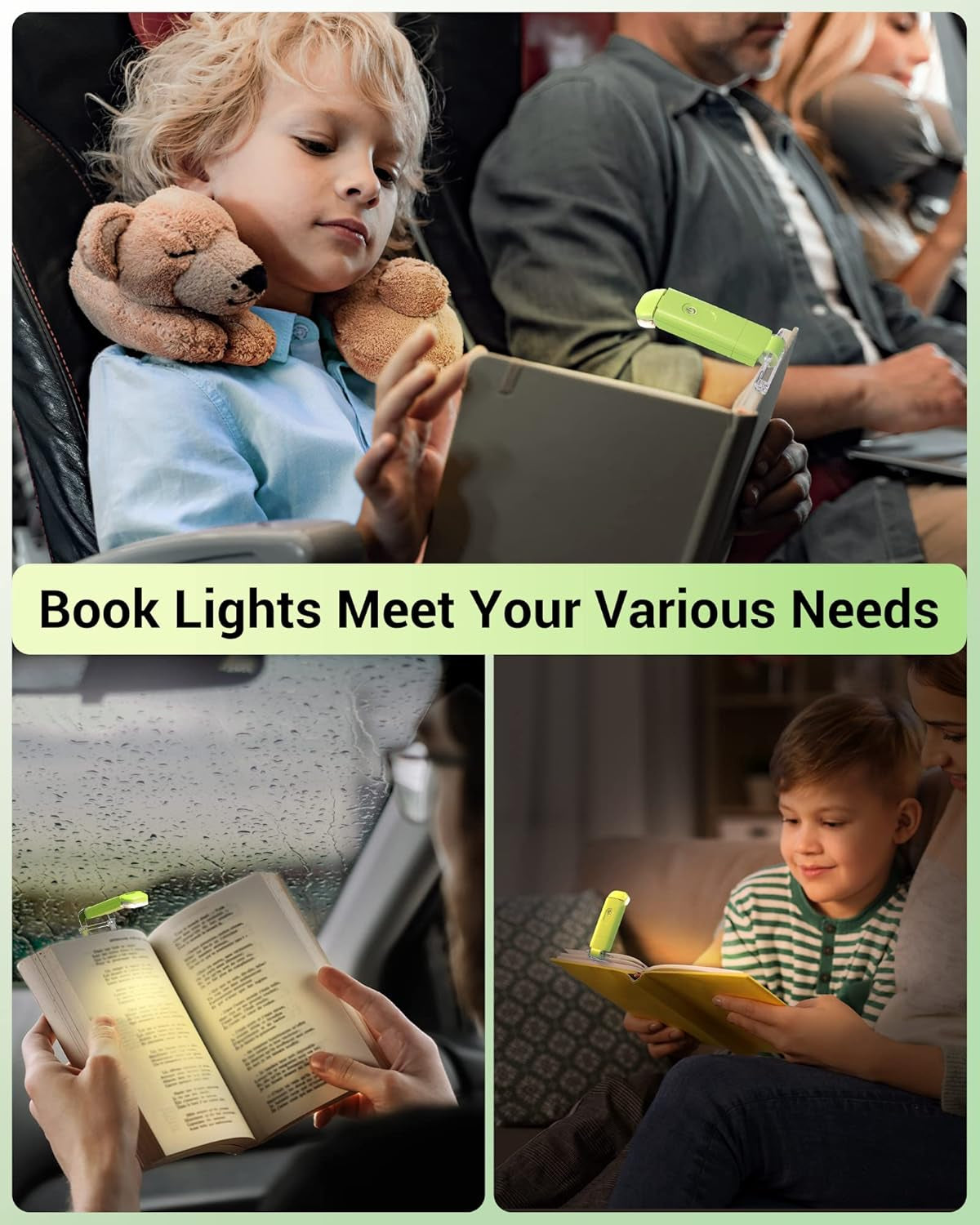 Amber Book Light for Reading, USB Rechargeable, 3 Brightness Levels, Blue Light Blocking, Kids & Adults (Green)