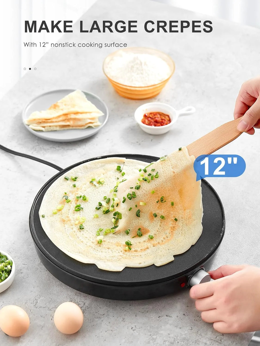 Crepe Maker Machine,  Nonstick 12” Electric Griddle, Compact Pancake Griddle Precise Temperature Control, Batter Spreader for Eggs, Pancakes, Includes Spatula, Spreader（Black）