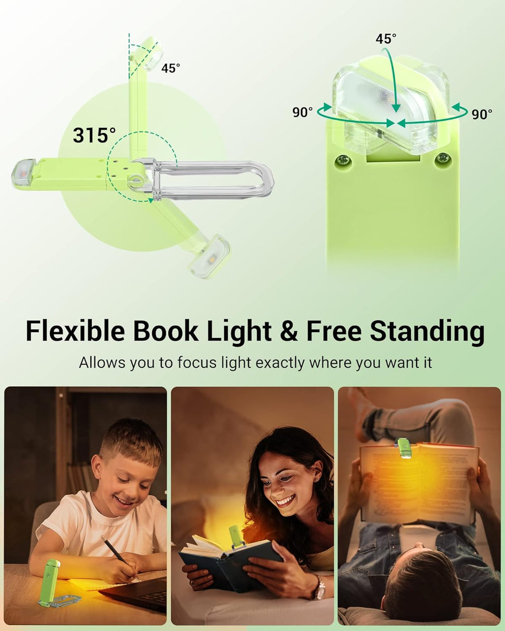 Amber Book Light for Reading, USB Rechargeable, 3 Brightness Levels, Blue Light Blocking, Kids & Adults (Green)