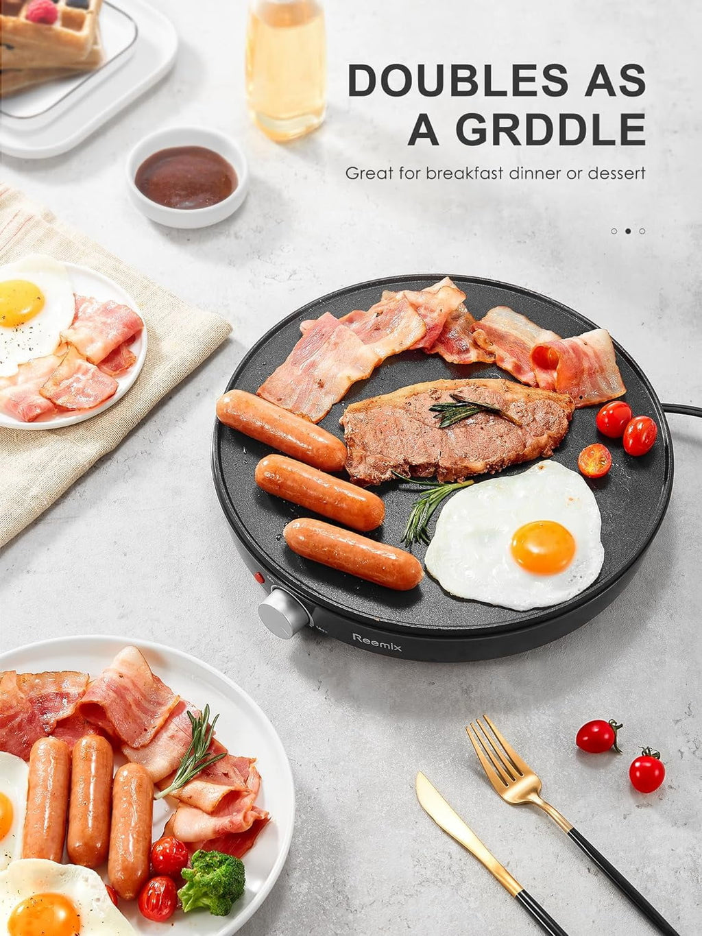 Crepe Maker Machine,  Nonstick 12” Electric Griddle, Compact Pancake Griddle Precise Temperature Control, Batter Spreader for Eggs, Pancakes, Includes Spatula, Spreader（Black）