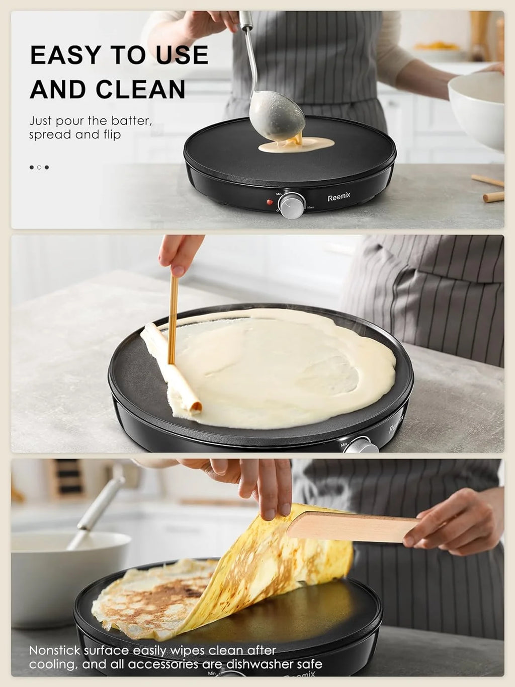 Crepe Maker Machine,  Nonstick 12” Electric Griddle, Compact Pancake Griddle Precise Temperature Control, Batter Spreader for Eggs, Pancakes, Includes Spatula, Spreader（Black）