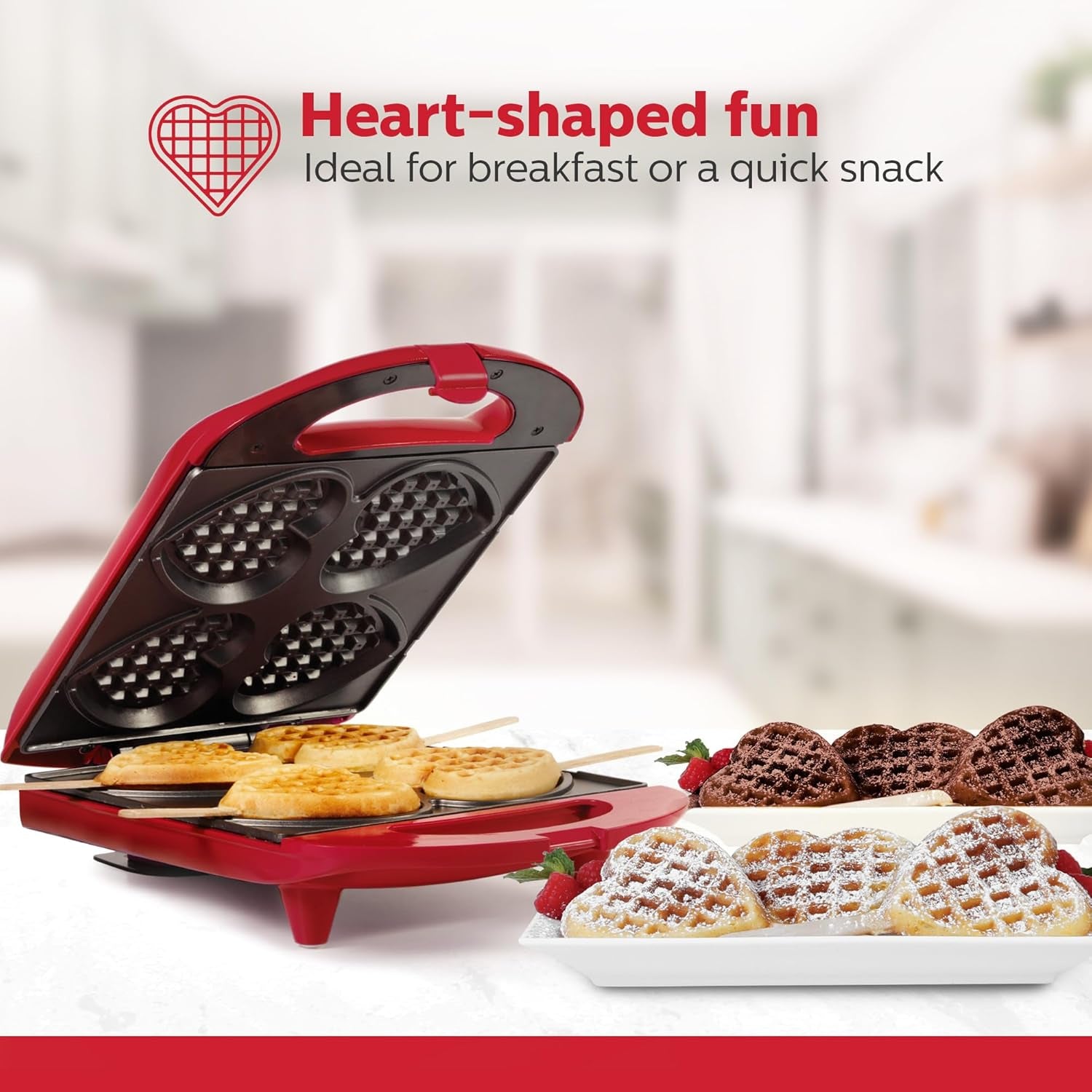 4-Section Heart Shaped Waffle Maker, Non-Stick Waffle Iron, Mini Waffle Maker for Kids, Non-Toxic Coating, Easy to Clean, Makes 4 Heart-Shaped Waffles in Minutes, Red